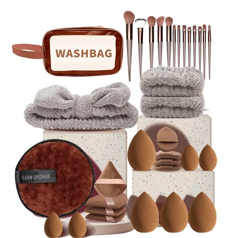 34-Piece Professional Makeup Brush Set With Sponges Puffs And Wash Bag Foundation Eyeshadow Blending Brushes Beauty Tools