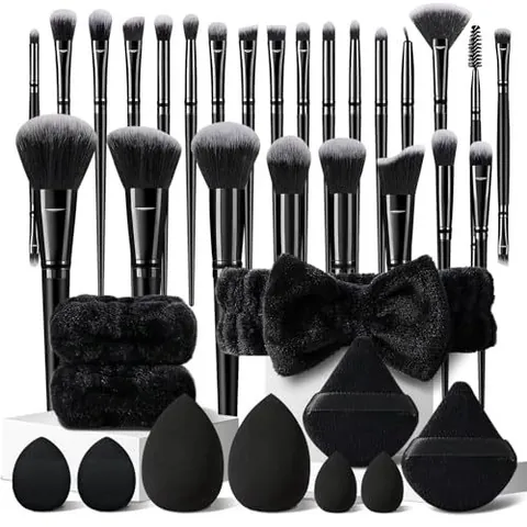 Kit de Brochas de Maquillaje Profesional de Fibra Artificial con Esponjas y Diadema Colección de Herramientas Cosméticas Mujer