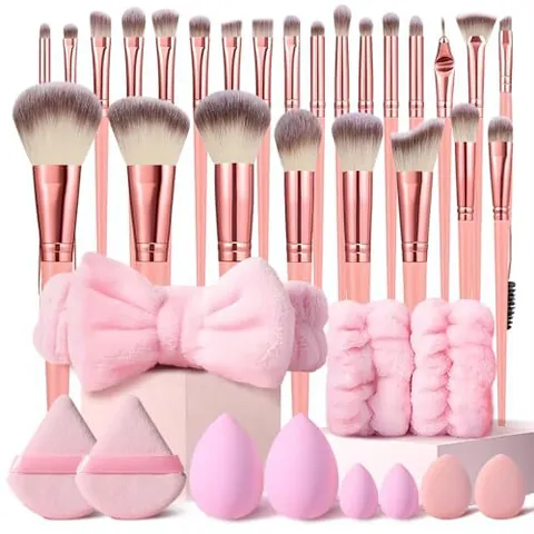 Kit de Brochas de Maquillaje Profesional de Fibra Artificial con Esponjas y Diadema Colección de Herramientas Cosméticas Mujer