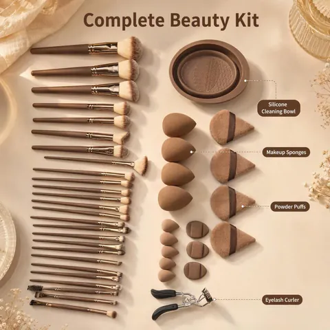 Kit Complet de Pinceaux de Maquillage Professionnels avec Éponges Recourbe-cils et Bol de Nettoyage en Fibres Synthétiques