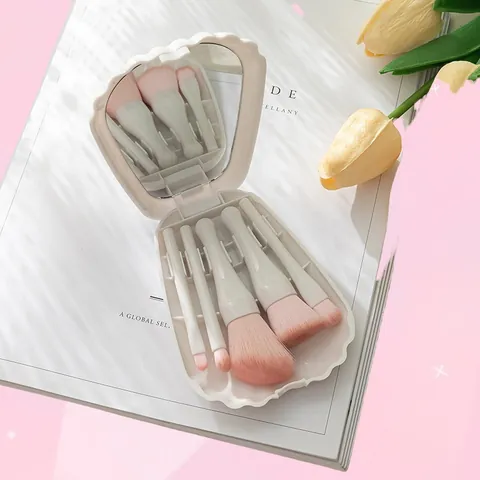 Draagbare Make-up Kwasten Schelpvormige Etui Met Spiegel Poeder Blush Oogschaduw Kwasten Reizen Cosmetica Tools Voor Vrouwen