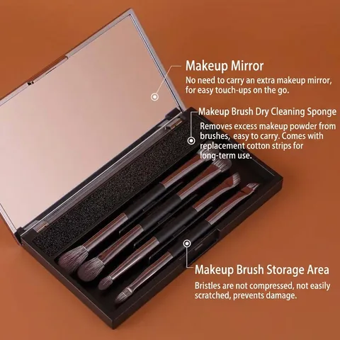 Juego de Brochas de Maquillaje Portátil 8 En 1 Con Caja de Espejo Pinceles para Sombra de Ojos de Doble Extremo para Viajes Kit de Cosmética Mujer