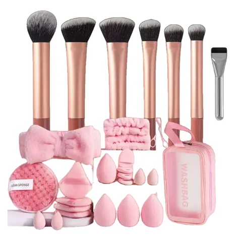 Kit Profesional de Herramientas de Maquillaje Rosa Que Incluye Brochas de Oro Rosa Esponjas de Belleza Tijeras para Cejas y Neceser