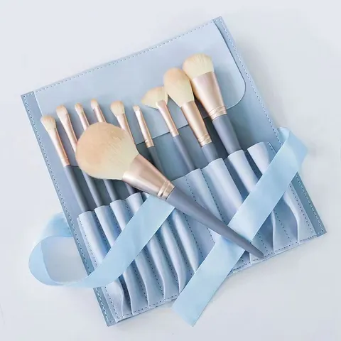 Ensemble de 10 Pinceaux de Maquillage Professionnels Fibres Synthétiques Bleu Brume Manche Mat pour Ombre à Paupières Poudre Fard