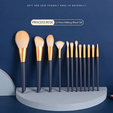 Ensemble de Pinceaux de Maquillage Professionnels Poils en Fibre Synthétique Virole en Aluminium Manche en Bois Bleu Marine Or