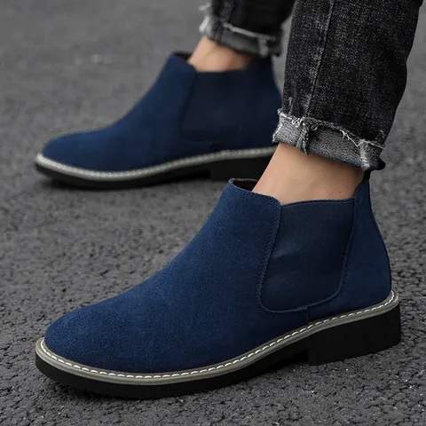 Men Suede Chelsea Boots Winter Warm Fleece Lined Martin Boots Large Size Non-Slip Rubber Sole British Casual Outdoor Shoes