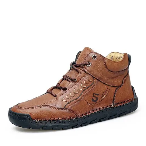 Men Mid Top Hand Stitched Casual Shoes PU Leather Microfiber Lace Up Vintage Fashion Sneakers Non Slip Rubber Sole Boots