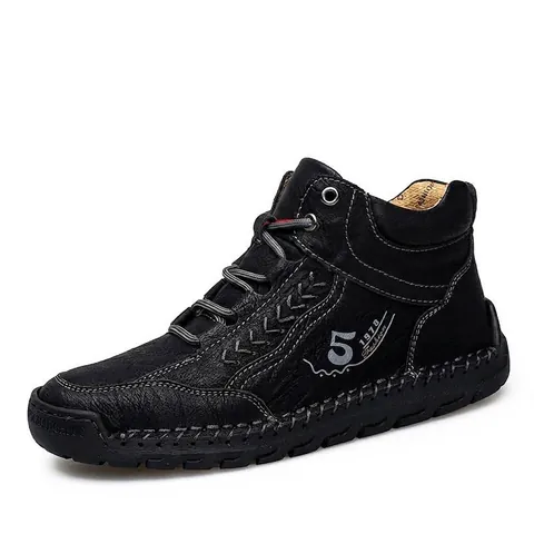 Men Mid Top Hand Stitched Casual Shoes PU Leather Microfiber Lace Up Vintage Fashion Sneakers Non Slip Rubber Sole Boots