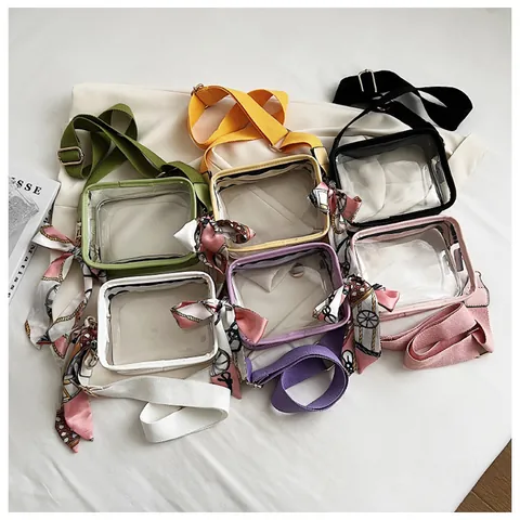Mode Transparent PVC Umhängetasche Jelly Bag Mit Breitem Bunten Schultergurt Und Schal Dekoration Für Damen