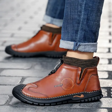 Men Casual Cowhide Leather Shoes Slip On Handmade Stitched Fashion Sneakers Warm Fleece Lined Loafers With Knit Collar