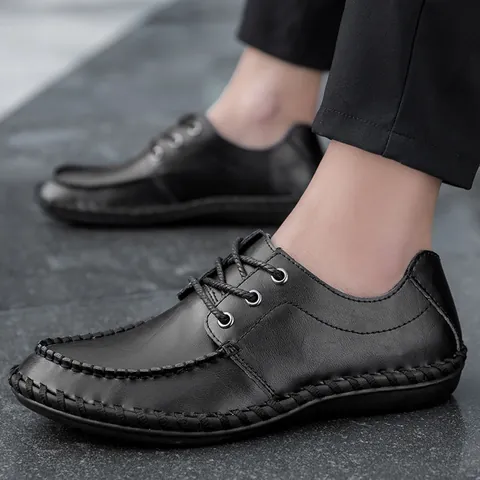 Zapatos de Cuero Casuales para Hombre Punta Redonda Cosidos a Mano en Cuero Dividido de Vaca Transpirables Slip-On Mocasines Suela Blanda Hombre Oficina Diario
