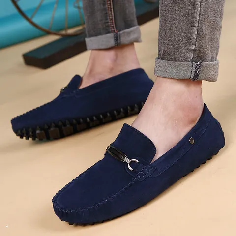 Men Suede Leather Loafers Slip On Driving Shoes Casual Moccasins With Metal Buckle Soft Rubber Sole Comfort Walking Flats