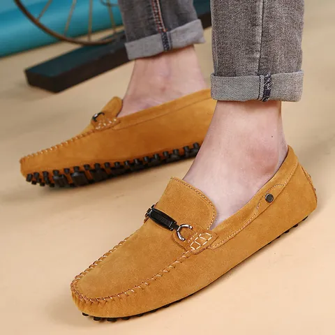 Men Suede Leather Loafers Slip On Driving Shoes Casual Moccasins With Metal Buckle Soft Rubber Sole Comfort Walking Flats