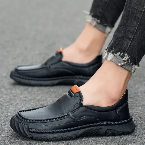Mocassini Casual da Uomo in Pelle Microfibra Cuciti a Mano Senza Lacci All'aperto Trendy Semplice Suola in Gomma Antiscivolo Taglia Comoda