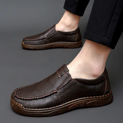 Men's Casual Cowhide Leather Shoes Slip-On Breathable Hollow Out Loafers Soft Gum Rubber Sole Anti-Skid Fashion Walking Shoes