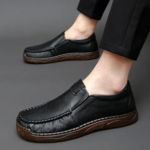 Men's Casual Cowhide Leather Shoes Slip-On Breathable Hollow Out Loafers Soft Gum Rubber Sole Anti-Skid Fashion Walking Shoes