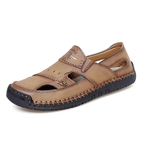 Men Outdoor Leisure Sandals Breathable Hollow Out Microfiber Leather Beach Shoes Soft Rubber Sole Hand Stitched Fashion Footwear