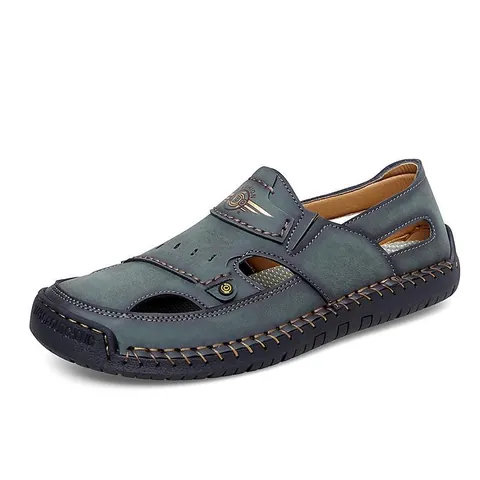 Men Outdoor Leisure Sandals Breathable Hollow Out Microfiber Leather Beach Shoes Soft Rubber Sole Hand Stitched Fashion Footwear
