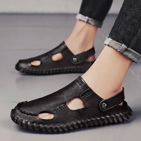 Heren Casual Echt Leren Gesloten Teen Sandalen Zomer Buiten Zachte Zool Strandschoenen Grote Maat Koeienhuid Slippers voor Mannen