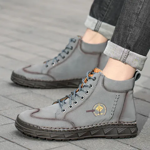 Stivali da Lavoro in Pelle di Vacchetta Cuciti a Mano da Uomo Scarpe Casual All'aperto Suola Piatta Stivali Moda Antiscivolo da Uomo