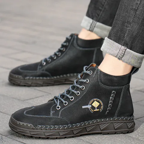 Stivali da Lavoro in Pelle di Vacchetta Cuciti a Mano da Uomo Scarpe Casual All'aperto Suola Piatta Stivali Moda Antiscivolo da Uomo