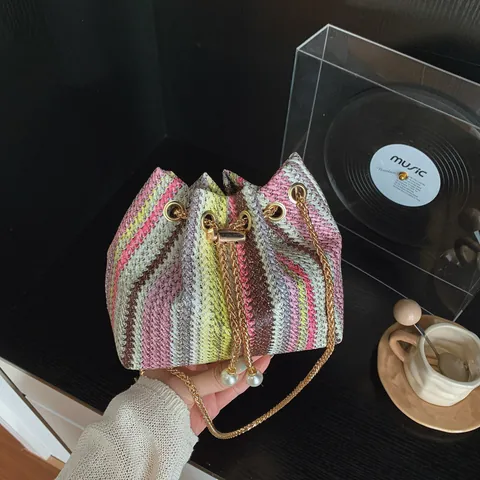 Women Rainbow Woven Bucket Bag Fashion Straw Shoulder Bag With Artificial Pearl Charm Gold Chain Strap Vacation Crossbody Handbag