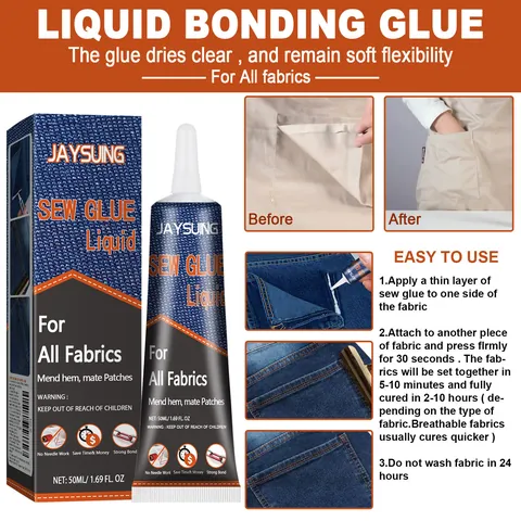 JAYSUING Fabric Sewing Glue Liquid No Needle Work Fast Drying Transparent Adhesive For All Fabrics Denim Leather Silk Repair