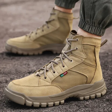 Men's Outdoor Tactical Combat Boots Suede Canvas High Top Hiking Shoes Non-Slip Rubber Sole Desert Camping Boots Large Size