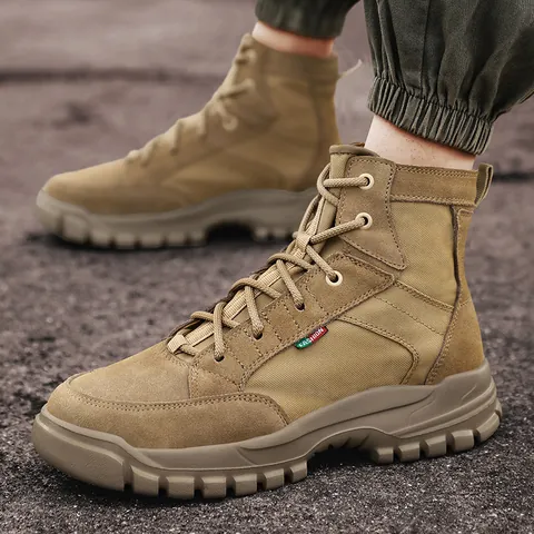 Men's Outdoor Tactical Combat Boots Suede Canvas High Top Hiking Shoes Non-Slip Rubber Sole Desert Camping Boots Large Size