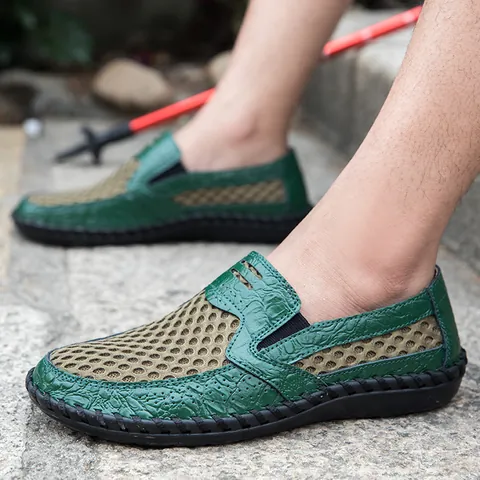 Men's Summer Casual Mesh Shoes Breathable Slip-on Walking Shoes With Rubber Sole Crocodile Texture Hollow Out Outdoor Loafers