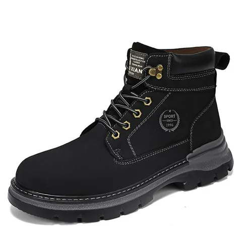 Men First Layer Cowhide Martin Boots High Top Lace-up Work Boots Non-slip Outdoor Casual Shoes Big Size Street Style Boots