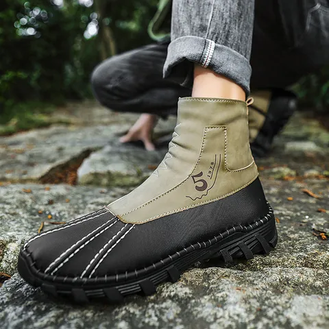 Men Martin Boots Winter Snow Boots Fleece Lined High Top Anti Slip Shoes Microfiber Leather Retro Patchwork Side Zipper Cotton Shoes