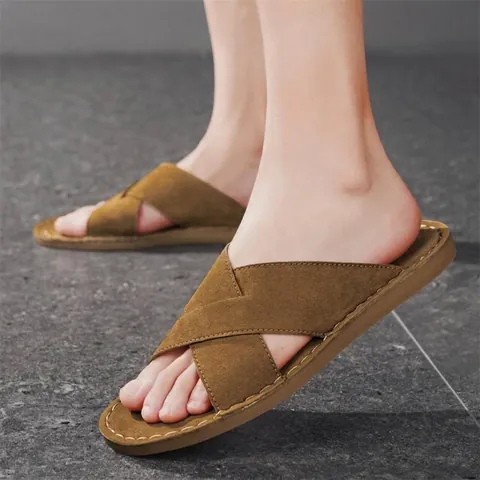 Men Large Size Summer Outdoor Slippers Fashionable Soft Sole Non-slip Criss-cross Strap Slides Casual Beach Sandals Cow Suede Shoes