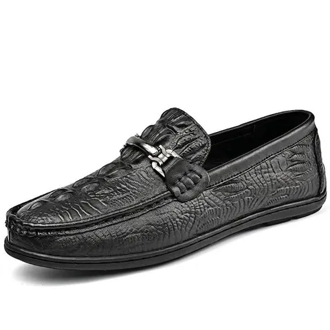 Mocasines de Cuero Genuino con Patrón de Cocodrilo para Hombre Zapatos de Conducción Informales con Detalle de Metal Negro