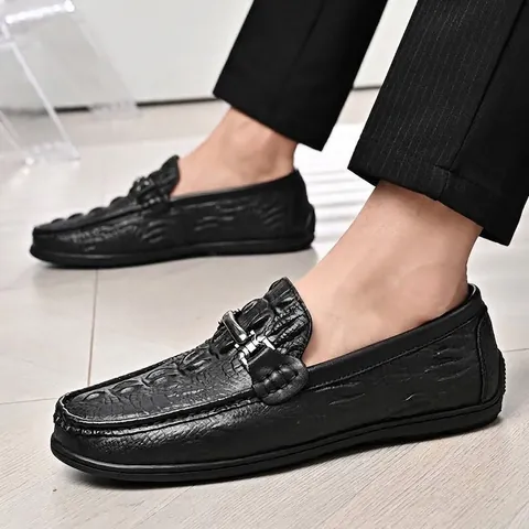 Mocasines de Cuero Genuino con Patrón de Cocodrilo para Hombre Zapatos de Conducción Informales con Detalle de Metal Negro
