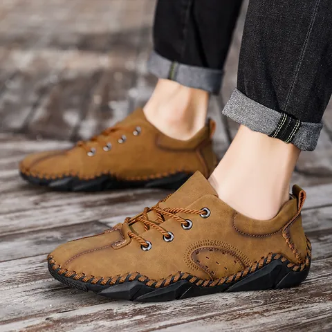 Men Fashion Stitched Casual Leather Shoes Microfiber Non-Slip Lace-Up Business Flat Shoes Large Size Men Outdoor Footwear