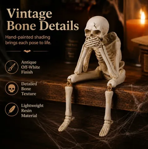 Halloween Resin Skeleton Figurine Antique Bone Finish Shelf Sitter Skull Hear See Speak No Evil Statue Spooky Decor