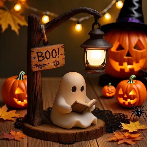 Halloween Cute Ghost Reading Lantern Ornament Resin LED Glowing Pumpkin Witch Figurine Desktop Decor For Party Home Gift
