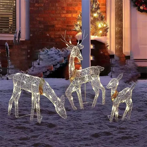 Adorno de Reno de Arte de Hierro de Navidad LED Brillante Juego de Familia de Renos de Malla Metálica Blanca Para Decoración