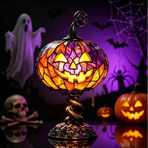 Lampada da Tavolo Zucca di Halloween in Resina Vintage Mosaico Gotico Jack O Lantern Luce Decorativa Atmosfera Spaventosa