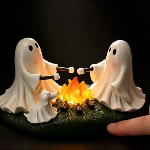 Ghost Campfire Night Light Halloween Decoration Cute Resin LED Statue Roasting Marshmallow Table Ornament Atmosphere Lamp