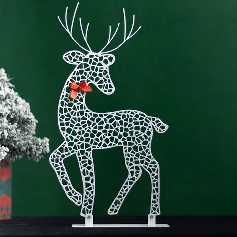 Light Up Christmas Iron Deer Set White Hollow Metal Reindeer Figurine With LED Lights And Red Bow For Holiday Tabletop Decor