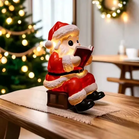 Lámpara de Papá Noel de Resina Leyendo Libro Adorno de Navidad Luminoso Luz de Noche LED Figura Pintada Decoración Hogar Regalo