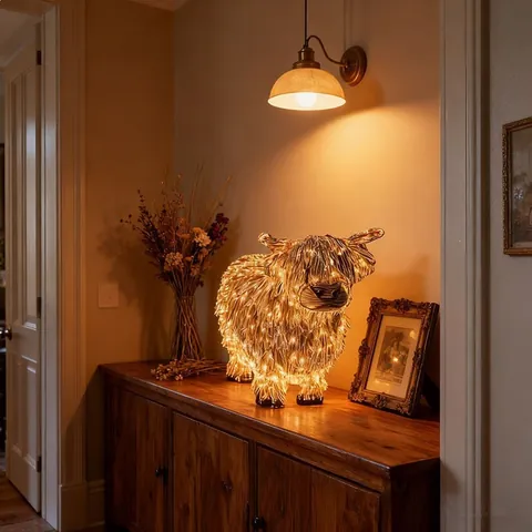 Creative Scottish Highland Cow Night Light Resin Ornament Straw Texture LED Desk Lamp For Christmas Home Garden Decor Gift