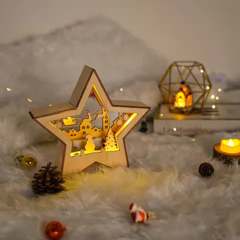 Estrella para Copa de Árbol de Navidad de Madera con Luces LED Cálidas Escena de Nacimiento Hueca Adorno de Madera Navidad Hogar