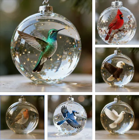 Nature's Birds Crystal Glass Ball Ornaments Christmas Tree Hanging Decorations With 3D Animal Figurine Stars For Home Decor
