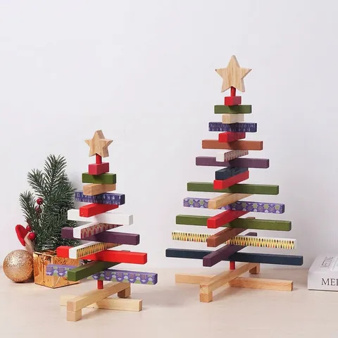 Albero di Natale Girevole in Legno Ornamento Stile Mattoncini Nordico Multicolore Motivo Geometrico Decorazione da Tavolo Natale