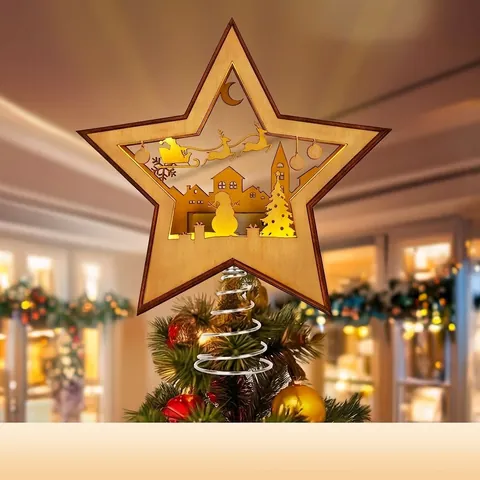 Hölzerne Weihnachtsbaumspitze Stern mit LED Warmweißem Licht Lasergeschnitten Hohl Krippenszene Holzstern Dekoration Zuhause Weihnachten