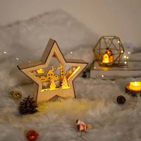 Hölzerne Weihnachtsbaumspitze Stern mit LED Warmweißem Licht Lasergeschnitten Hohl Krippenszene Holzstern Dekoration Zuhause Weihnachten