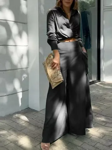 Women Casual Top And Bottom Solid Color V Neck Long Sleeve Shirt And Wide Leg Pants Elegant Office Commute Set